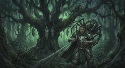 A massive tree in the Black Forest draped with web-wrapped victims, spiders lurking in the canopy