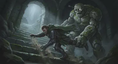 A barrow guardian drags Bancroft back down the steps