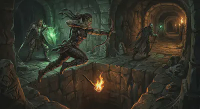 Irulan the half-orc warrior leaps across a dungeon pit, dropping a torch and firing her shortbow at the fleeing necromancer Hendrix, while Bancroft watches from behind with his glowing green shield