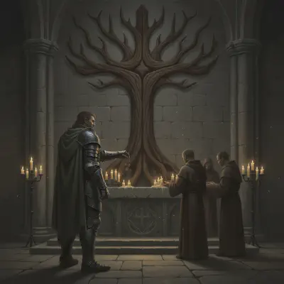 Bancroft in battered plate armor pays coins to robed priests at the altar of St. Ygg, a great wooden tree dominating the wall behind them in candlelight