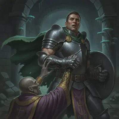 Bancroft recoils in horror as an undead Huecuva priest in rotted purple vestments touches his arm, dark corruption spreading visibly from the contact